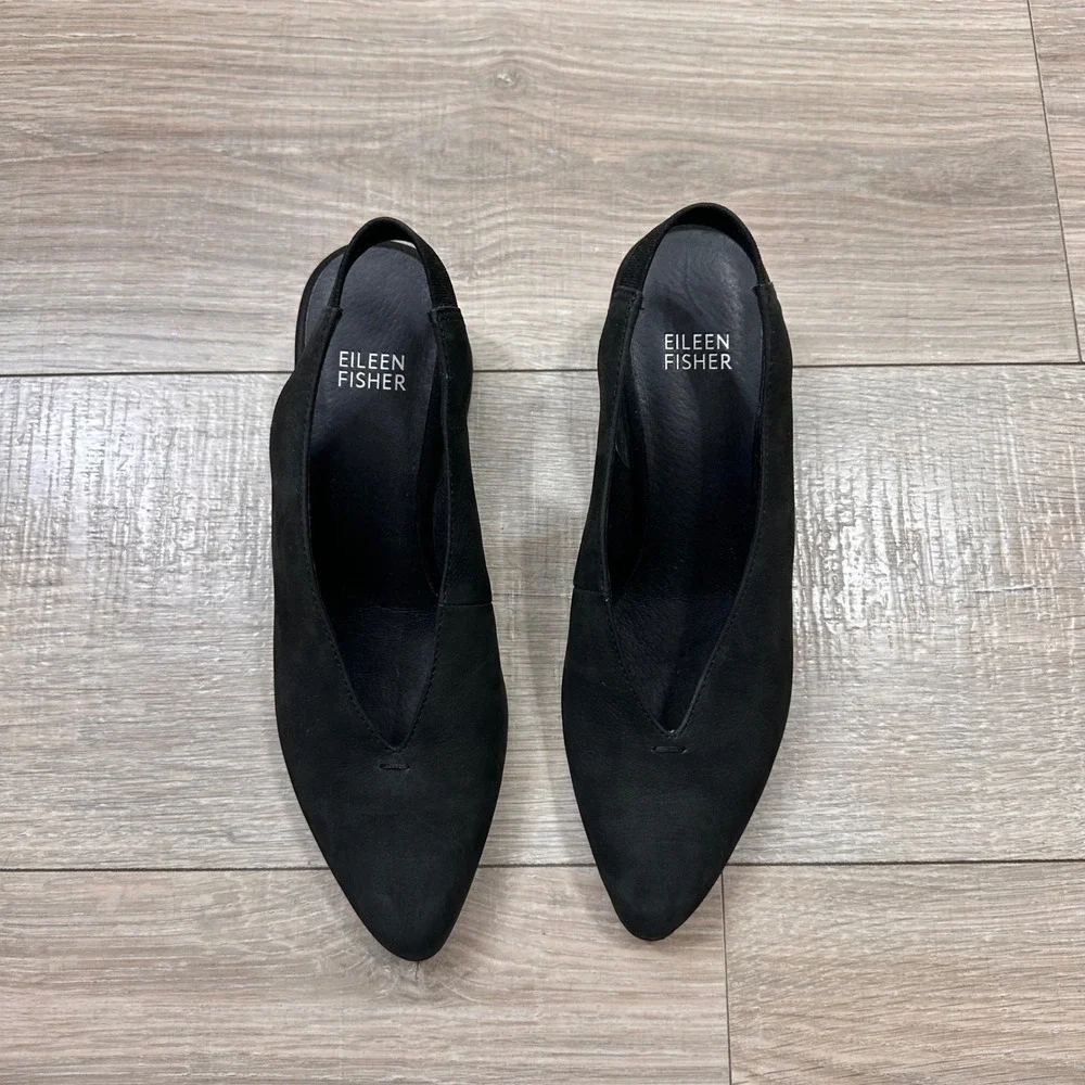 Eileen Fisher Devi Tumbled Nubuck Black Leather Slingback Wedge Heels Women's‎ 6